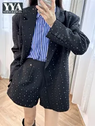 Autumn Designer Women Shiny Diamonds Studded Suit Set Loose Fit Long Blazer Jacket Shorts Party Two Piece Set OL Elegant Suits