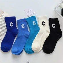 

2022 Women Socks New Spring Summer Korean Style Cotton Breathable Solid Color Fashion Blue Long Letter Embroidery Casual Socks