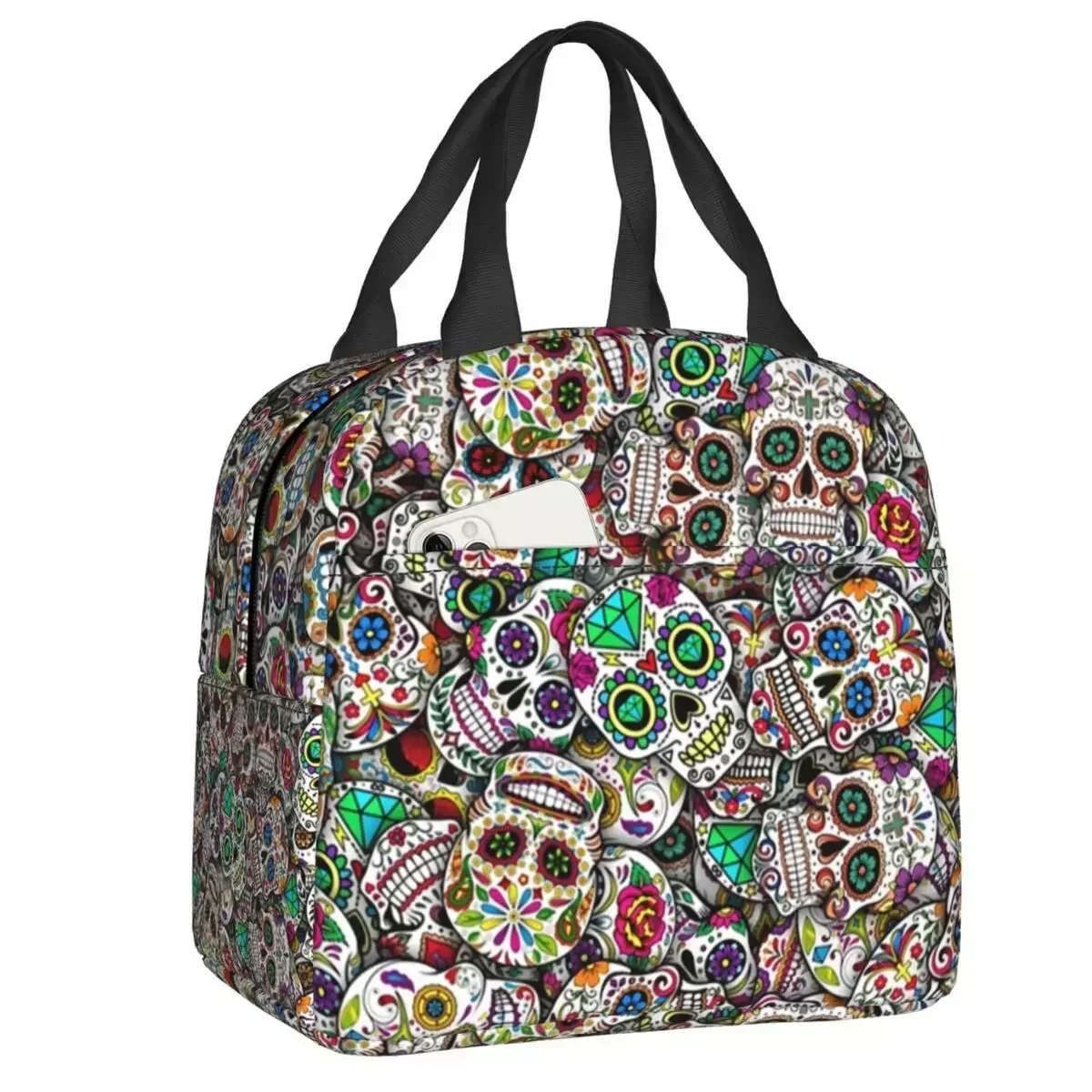 

2024 Custom Mexican Sugar Skulls Lunch Bag Men Women Cooler Warm Insulated Lunch Box For Student School Thermal Bags Lunchbag