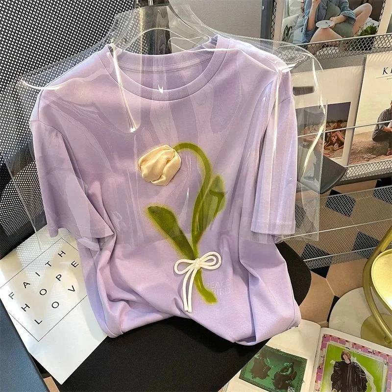 

EBAIHUI Women's Purple 3D Tulip Flower Design T-Shirts Japanese Unique Short Sleeve Tees Female Large Size Tops Summer Tshirts