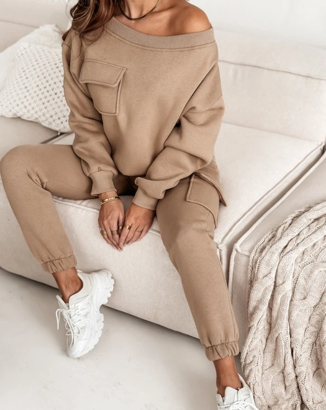 Woman Autumn Skew Neck Sweatshirt & Cuffed Sweatpants Set Temperament Commuting Women's Casual Two Piece Sets Women Pants Suit