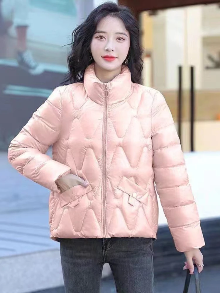 

Fashion Cute Women Bright Pink Cotton Jacket Winter Warm Bubble Coats Shiny Leather Parkas Quilted Jackets Zipper Cropped Tops