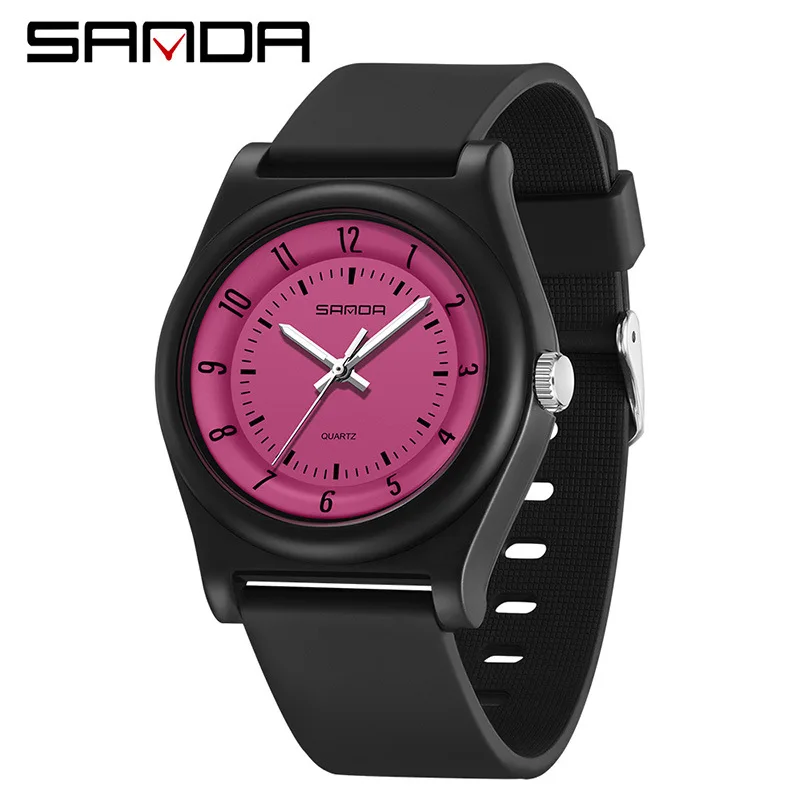 SANDA 6219 Quartz Student Watch Simple Fashion Black Purple Pink Analog Display Silicone Strap Wristwatch for Boy and Girl 3