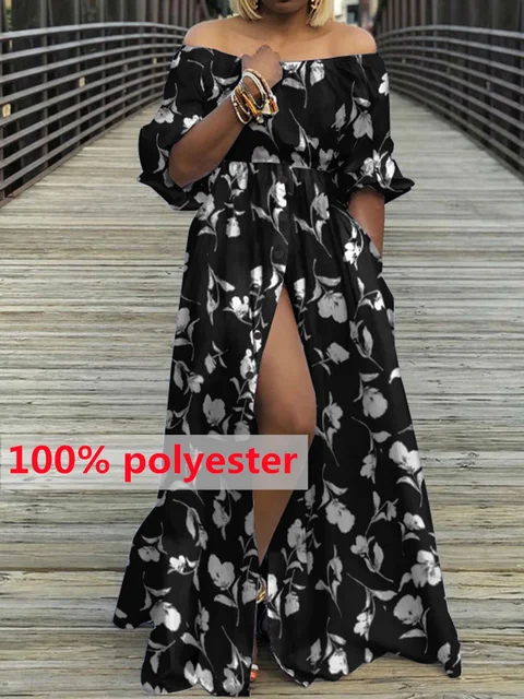 Women's Dress 2022 Celmia Summer High Split White Long Sundress Sexy High Waist Maxi Robes Three Quarter Sleeves Party Vestidos (Style E)Black