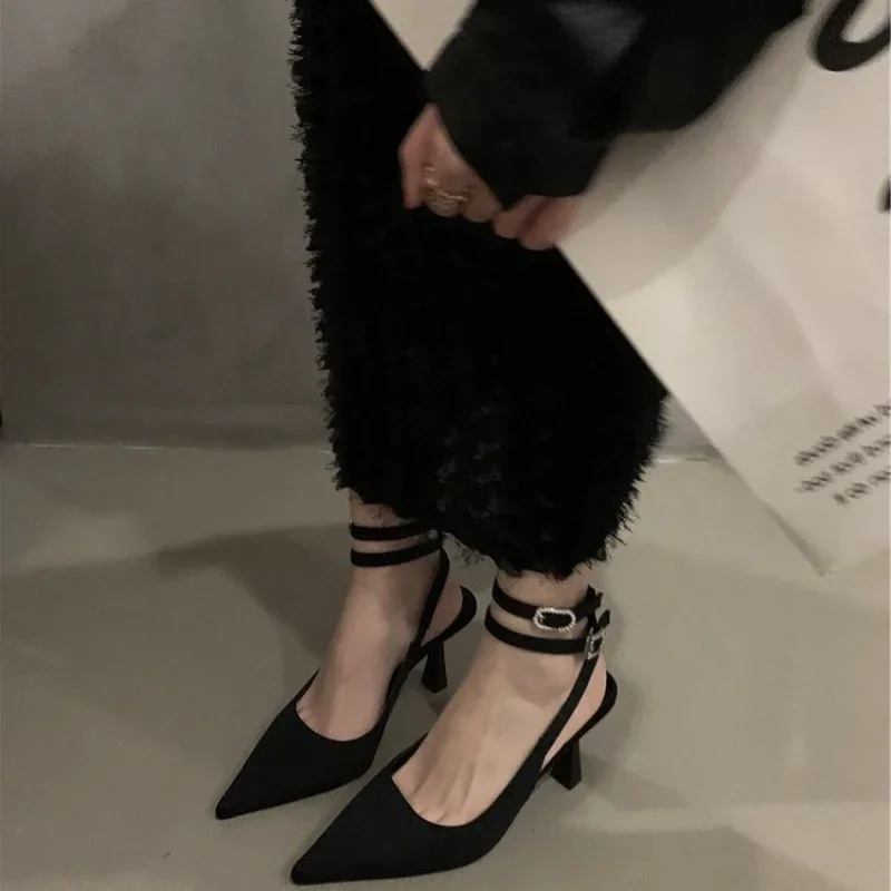 Slingbacks High Heels Pumps Women 2023 New Pointed Toe Thin Heeled Party Shoes Woman Solid Color Ankle Buckle Summer Sandals