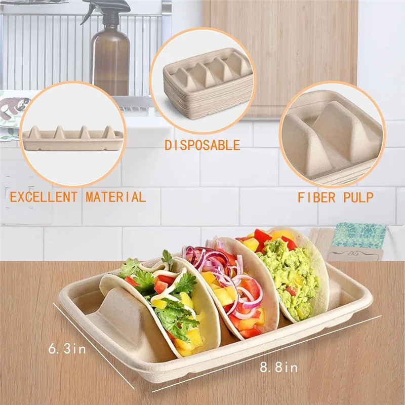 Hot Selling-50 Pieces Biodegradable Disposable Taco Holder, 3 Compartments Paper Taco Plates, Made Of Sugarcane Fibers For Party