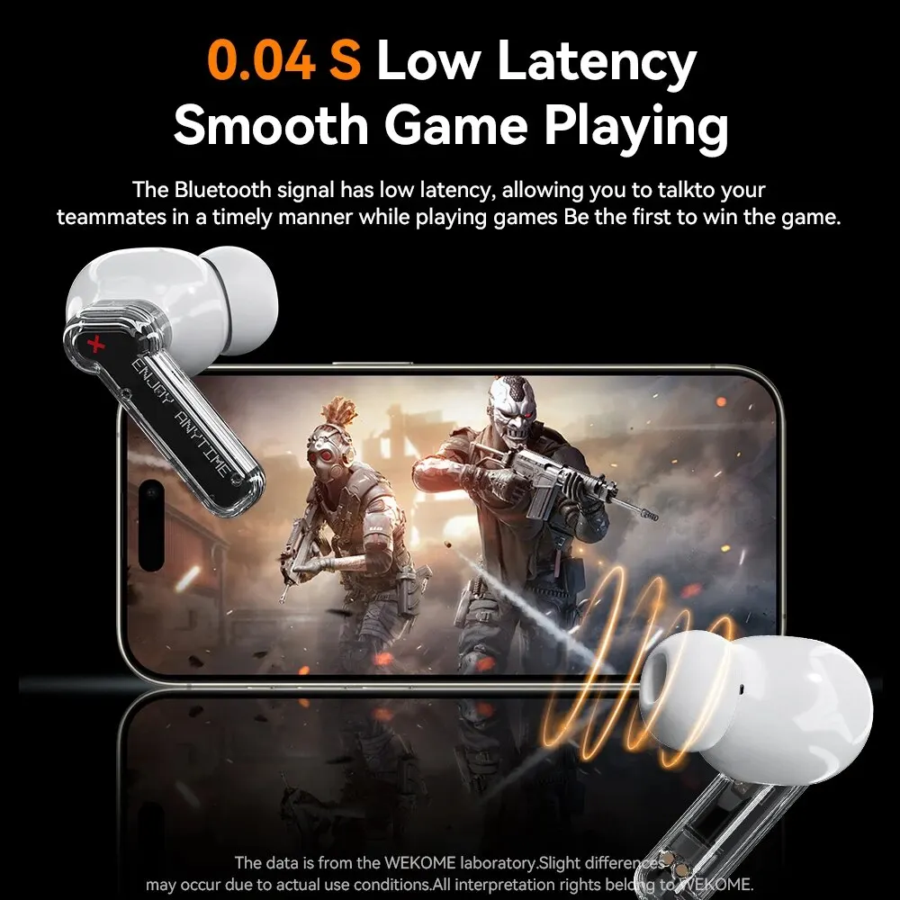 WEKOME V51 TWS 무선 블루투스 5.1 이어폰, 투명 스타일, 저지연 13mm 드라이버, 하이파이 음악 이어버드 헤드폰