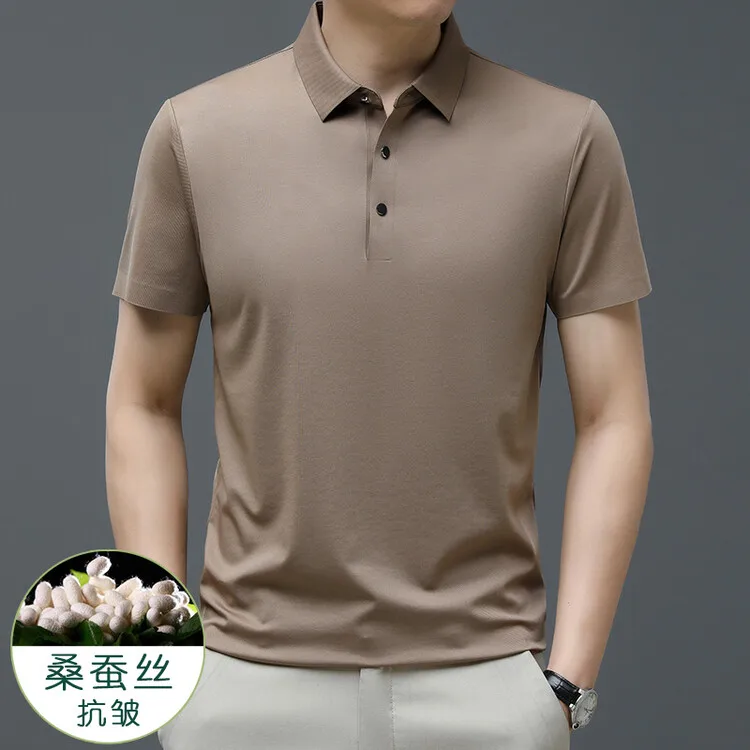 

New Arrival Men's Mulberry Silk Polos Clothes 2023 Summer Plain Anti- Wrinkle Tops Formal Male Short Sleeve Silk Polo Shirts