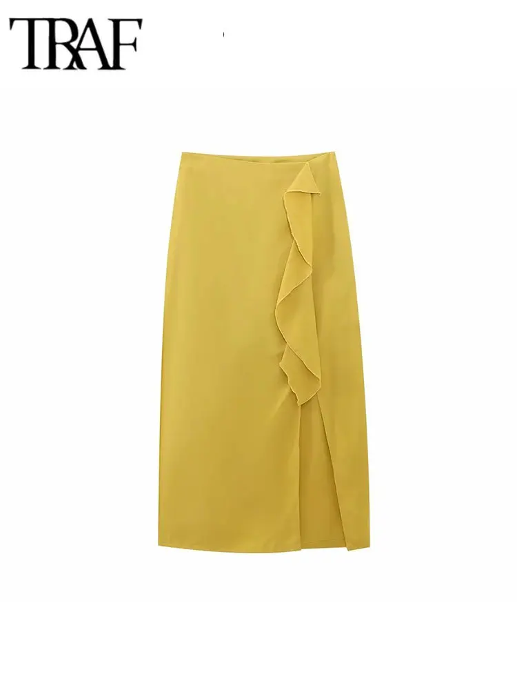

TRAF Chic Ruffled Slit High Waist Office Lady Elegant Package Hip Skirt Spring Summer Women Midi Pencil Skirts Female