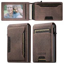 Premium PU Leather Push - Out Card Holder Wallet - Large Capacity, Holds Up to 12 Cards & 1 Photo in Elegant Black, Brown, or Blue (Brown)