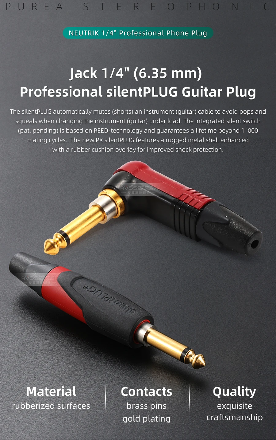 NP2RX-AU-SILENT/NP2XX-SILENT TR6,35 mm/(1/4" Jack) Angle Professional Instrument (Gitarre) Silent Plug Switc – Detail 1