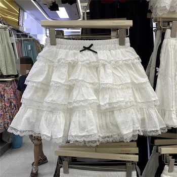 Korean Fashion Clothing Sweet White French Lace Bow Cake Skirt Women Summer New Retro Casual Loose High Waist Slim Short Skirt 1
