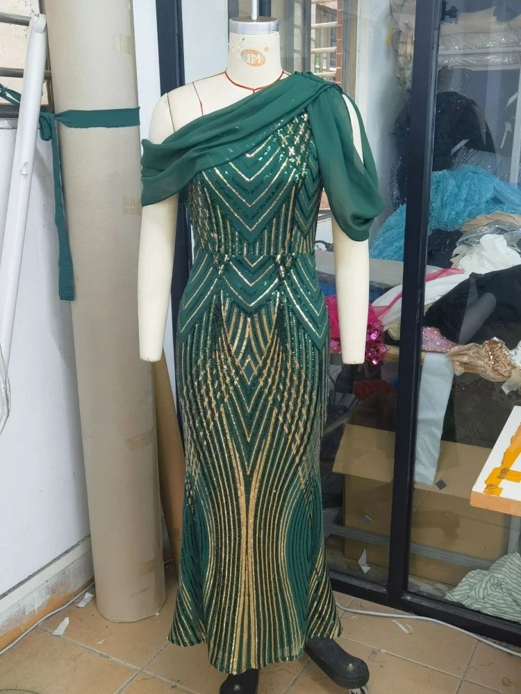 Wmstar Dress Women Wholesale Hot Selling New European American  Single Shoulder Chiffon Patchwork Sequined Long  Party 2025