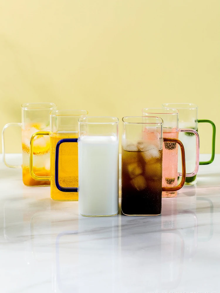 Clear Colorful Handle Square Glass Cup With Bamboo Lids And Straw  Borosilicate Glass Milk Juice Coffee Mug 400ml 13.5oz
