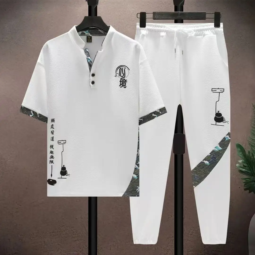 Loose Short Sleeve Long Pants Two-Piece Set New Chinese Style Men's Casual Sportswear Polyester T-Shirt And Pants Autumn Wear