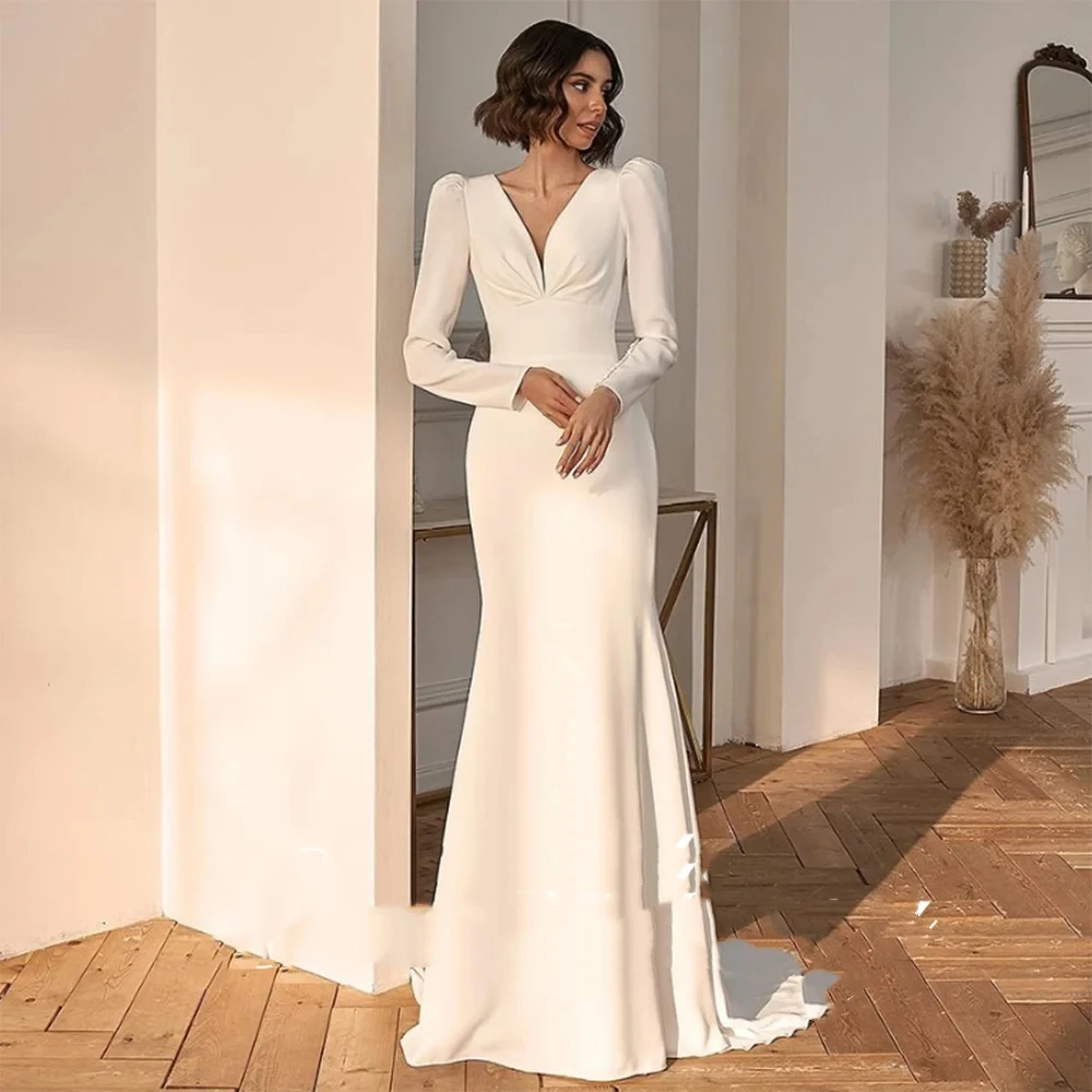 

Sexy V-Neck Wedding Dress Long Sleeve Sheath Button Simple Backless Bride Gown Spandex Swee Customize To Measures Robe De Mariee