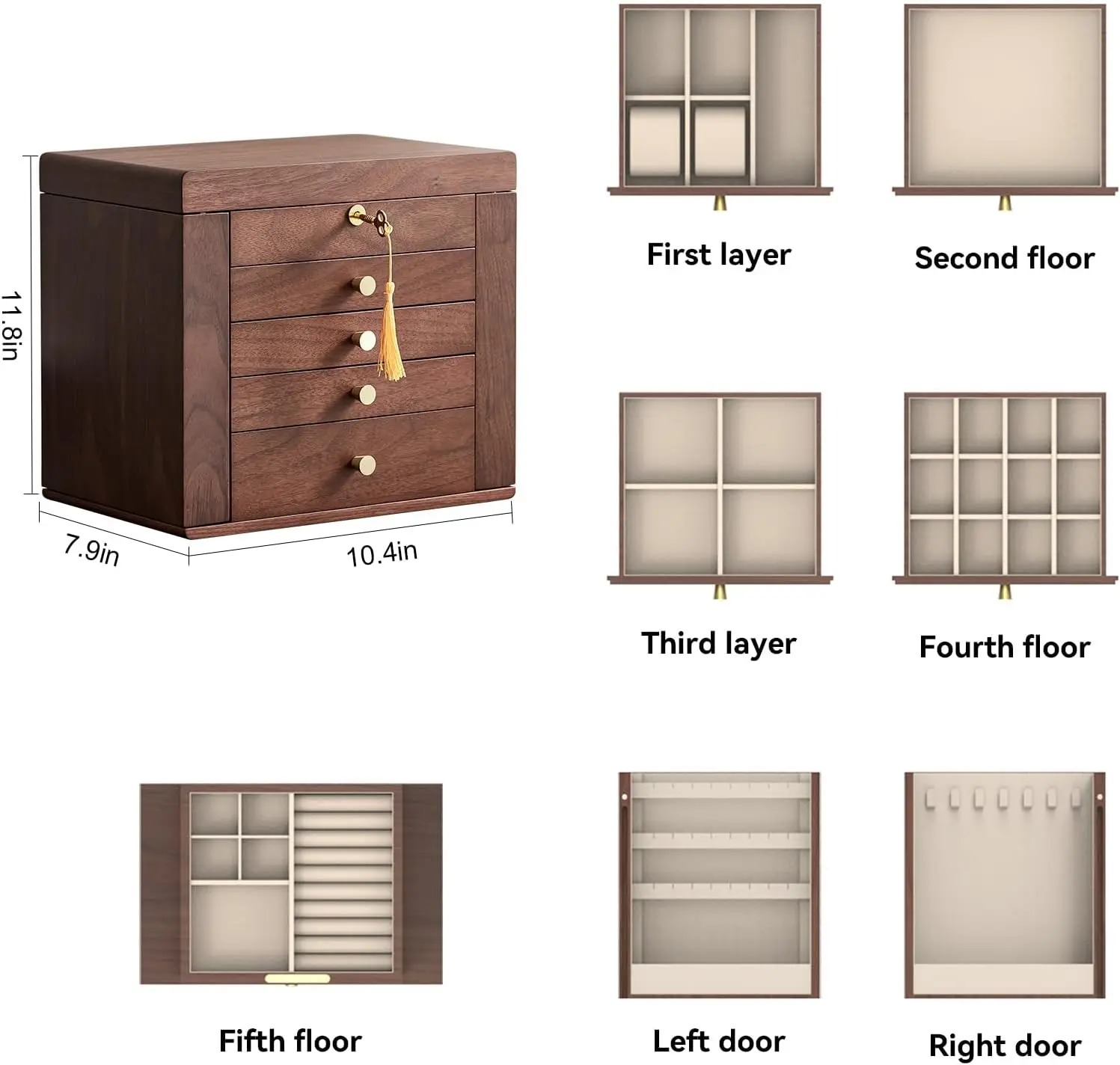 Black Walnut Wooden Jewelry Box, 5-Layer Solid Wood Jewelry Organizer with 2 Side Doors Mirror Lockable Classical Style 4