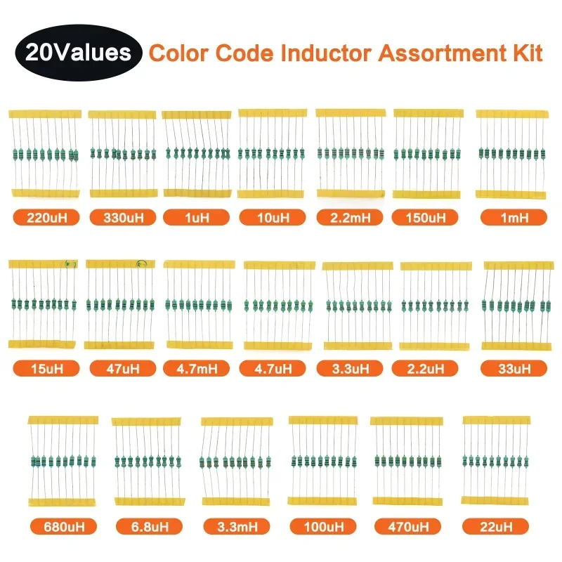 Inductor Assortment Kit 200PCS 1/2W Inductor Assortment Set 0.5W Color Ring Inductance 1UH to 4.7MH 20values x 10pcs Inductors Assorted