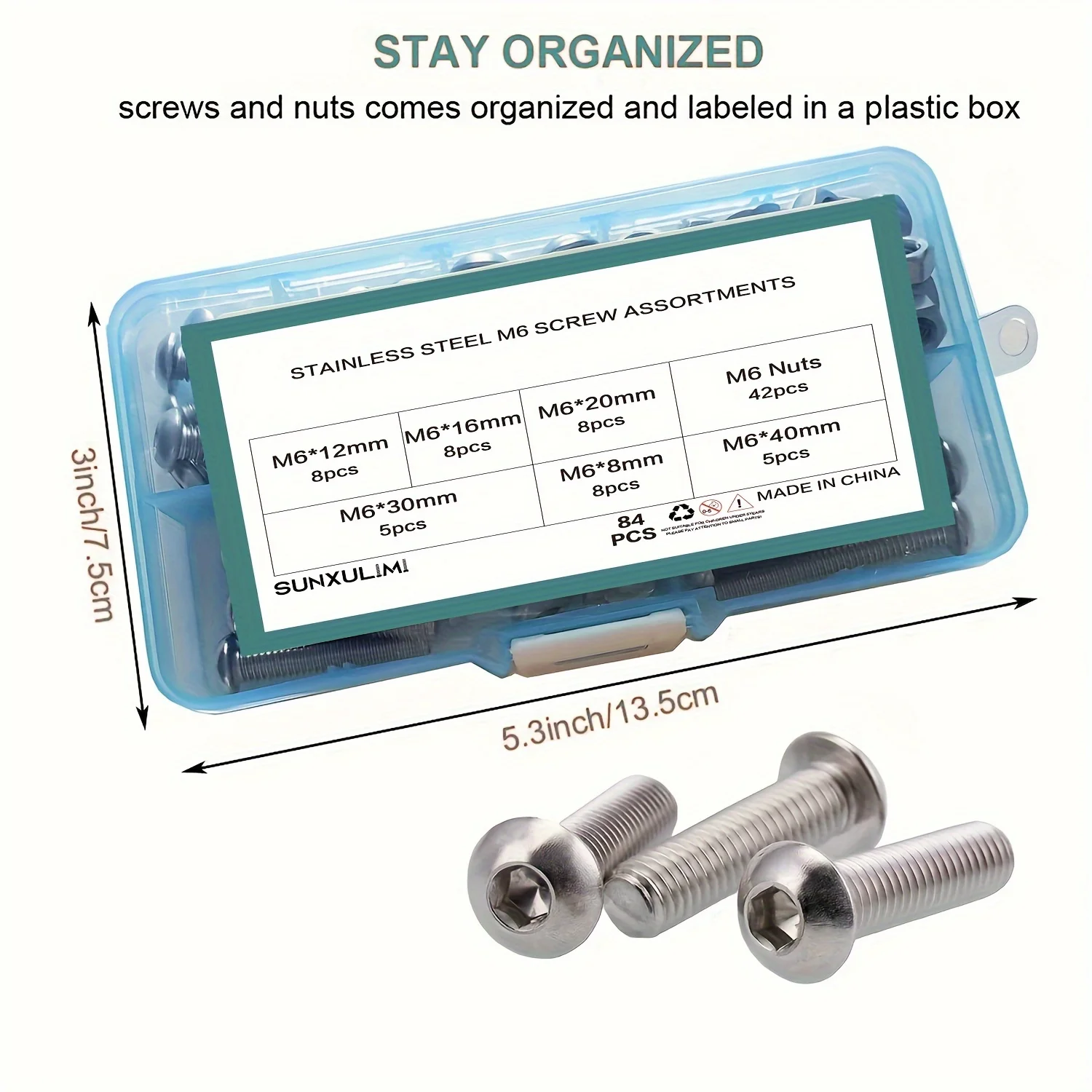 84Pcs M6 x 8mm,12mm,16mm,20mm,30mm,40mm Hex Pan Head Cap Bolts Nuts Screws Assortment Set 304 Stainless Steel Allen Socket