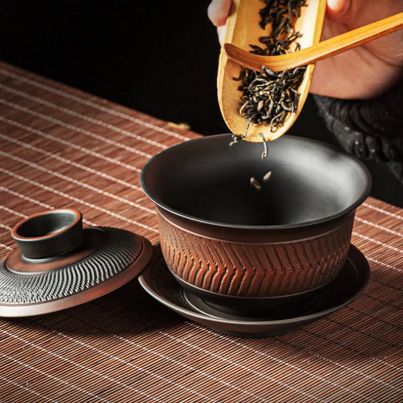 Purple Pottery Vintage Gaiwan Ceramic Jump Knife Process Tea Tureen Pigmented Kung Fu Drinkware