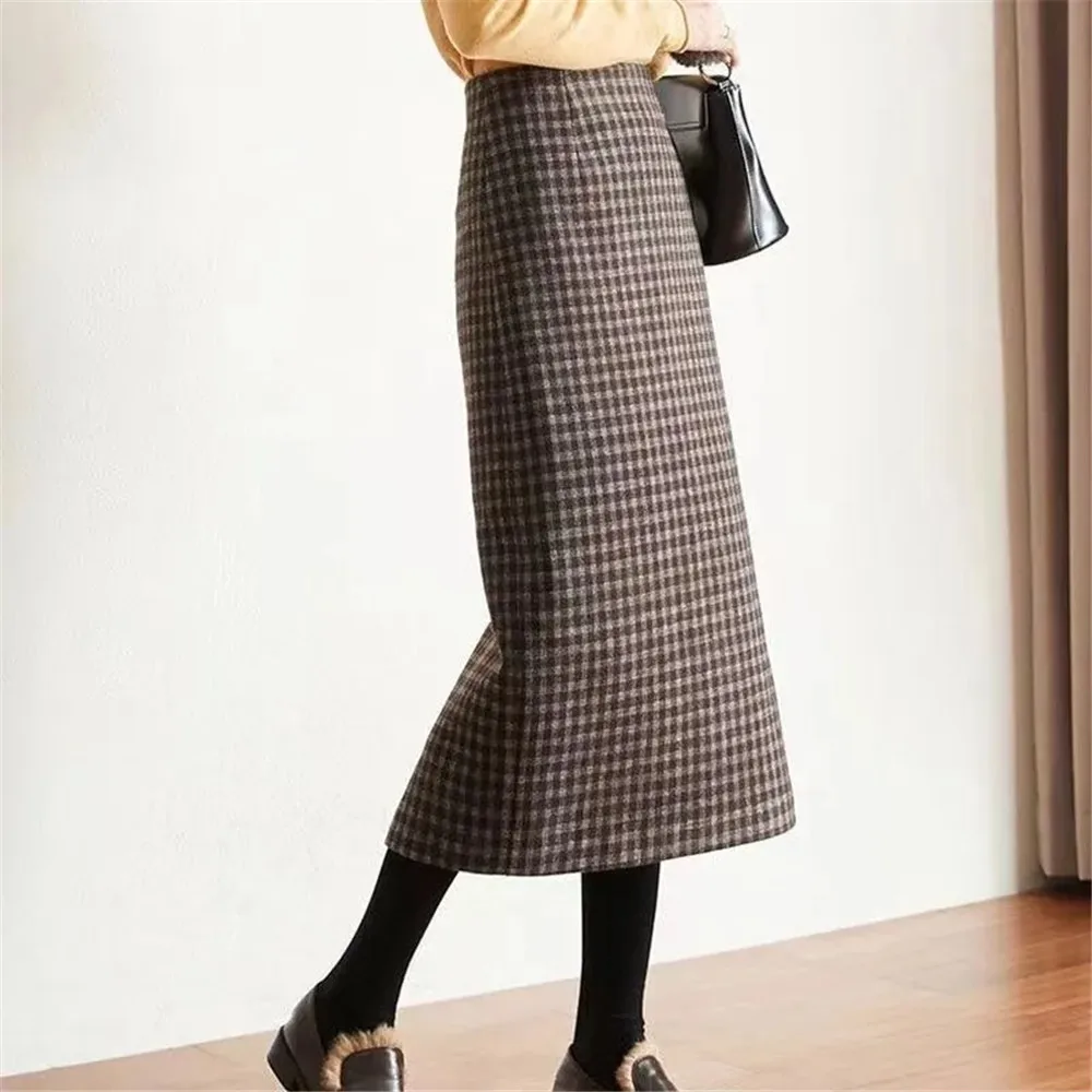 Y2k Slim Classic Plaid Midi Skirts Women Autumn Vintage Elegant Office Behind Slit Design All-match Harajuku Chic Fashion Skirts 2