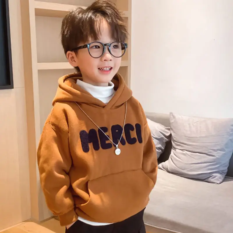

Boys Hooded Sweatshirt Single-Layer Fleece-Lined New Children's Loose Top Handsome Autumn and Winter Clothing Shirt
