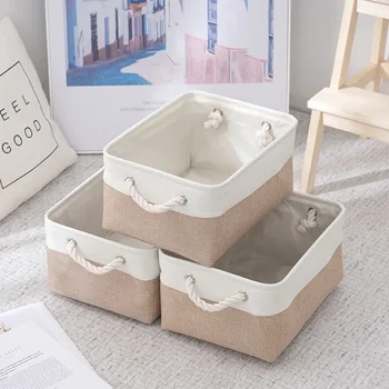 Foldable Linen Fabric Storage Basket with Handles 1