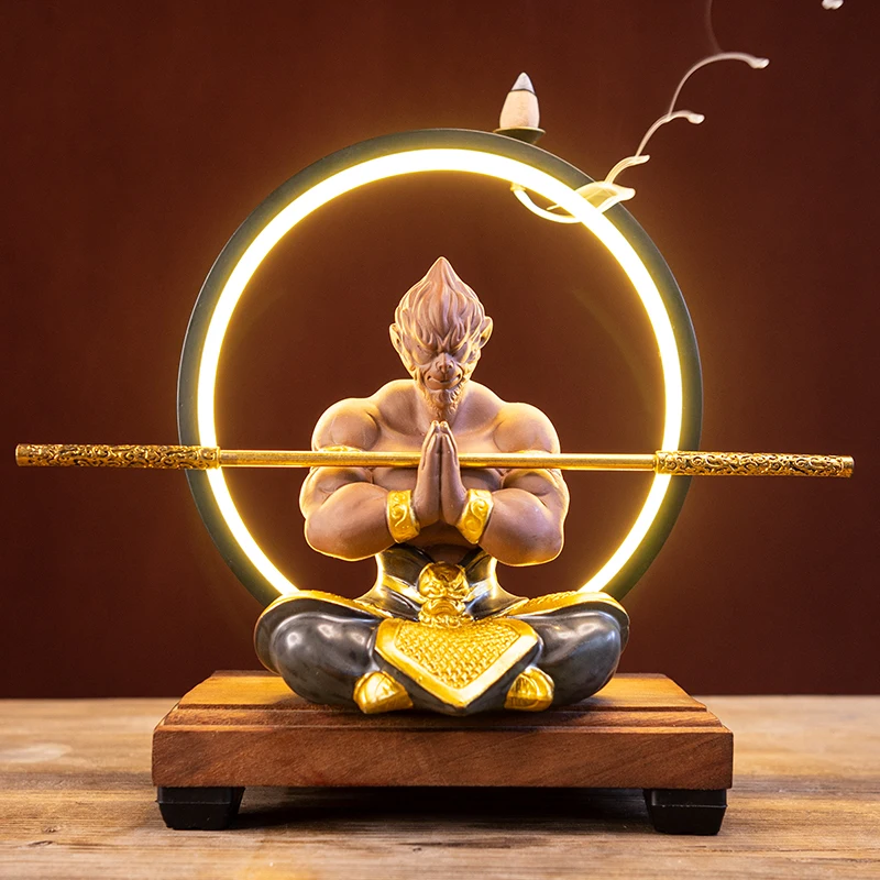 Ceramic Chinese Incense Burner Kit Backflow Sun Wukong Lotus Incense