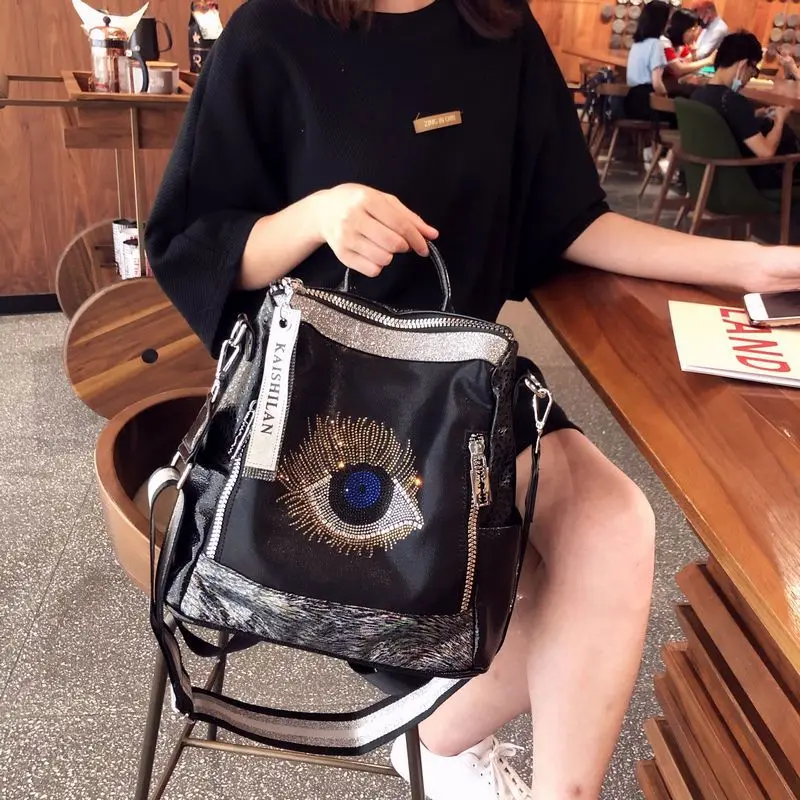 Rhinestone Big Eye Backpacks Women Real Leather Backpack Women Large Capacity Travel Mochila Mujer Female Rucksack