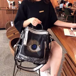 Rhinestone Big Eye Backpacks Women Real Leather Backpack Women Large Capacity Travel Mochila Mujer Female Rucksack