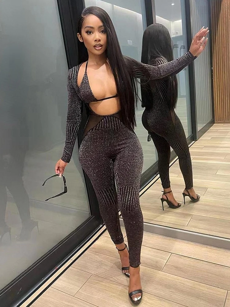

Spring Bodycon One Piece set Women Mesh Party Fashion Streetwear Sexy Low Cut Long Sleeve Glitter Rompers 2023 Summer Jumpsuits