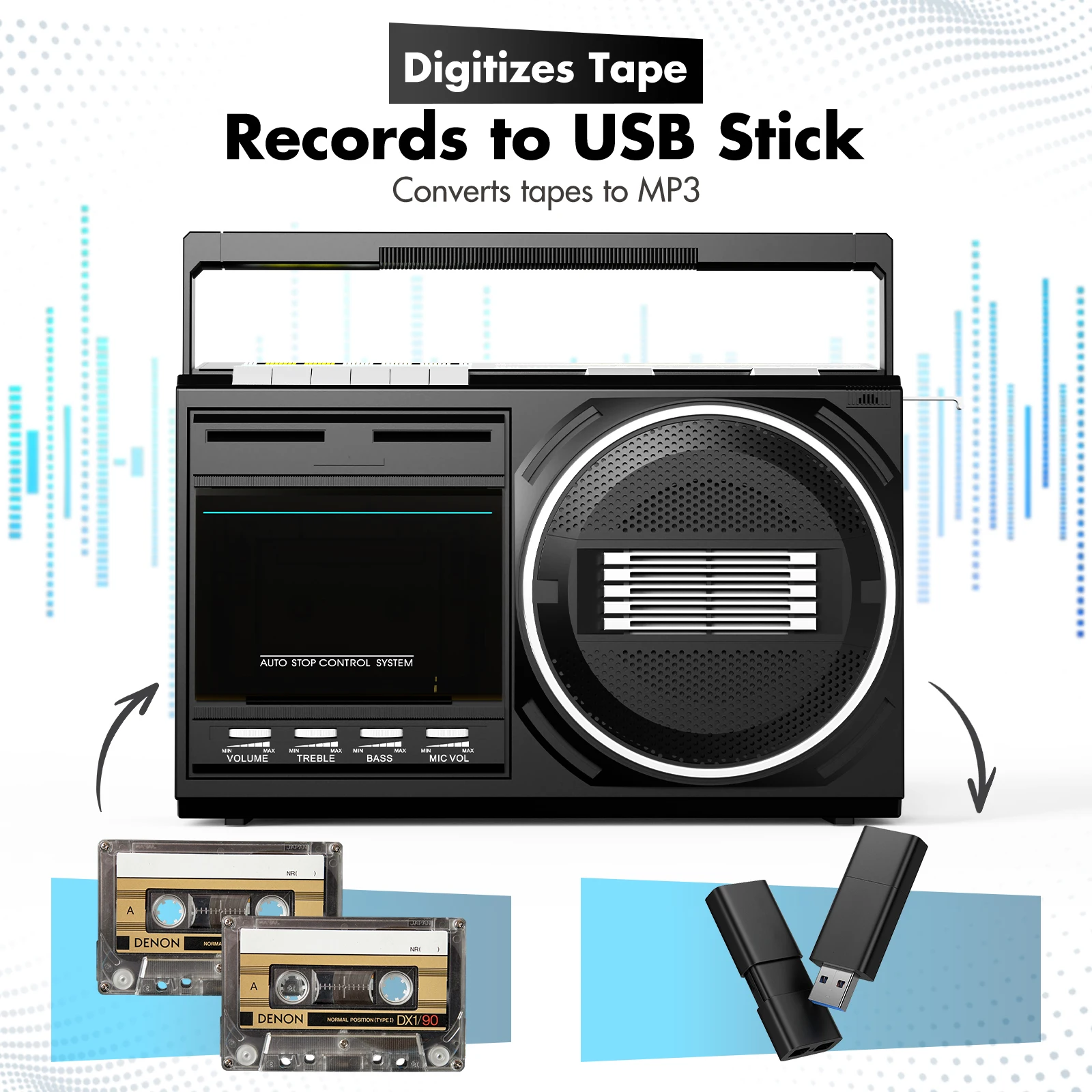 Retro cassette boombox bluetooth and USB FM AM SW radios converts tapes to MP3 with earphone and microphone jacks AC DC power