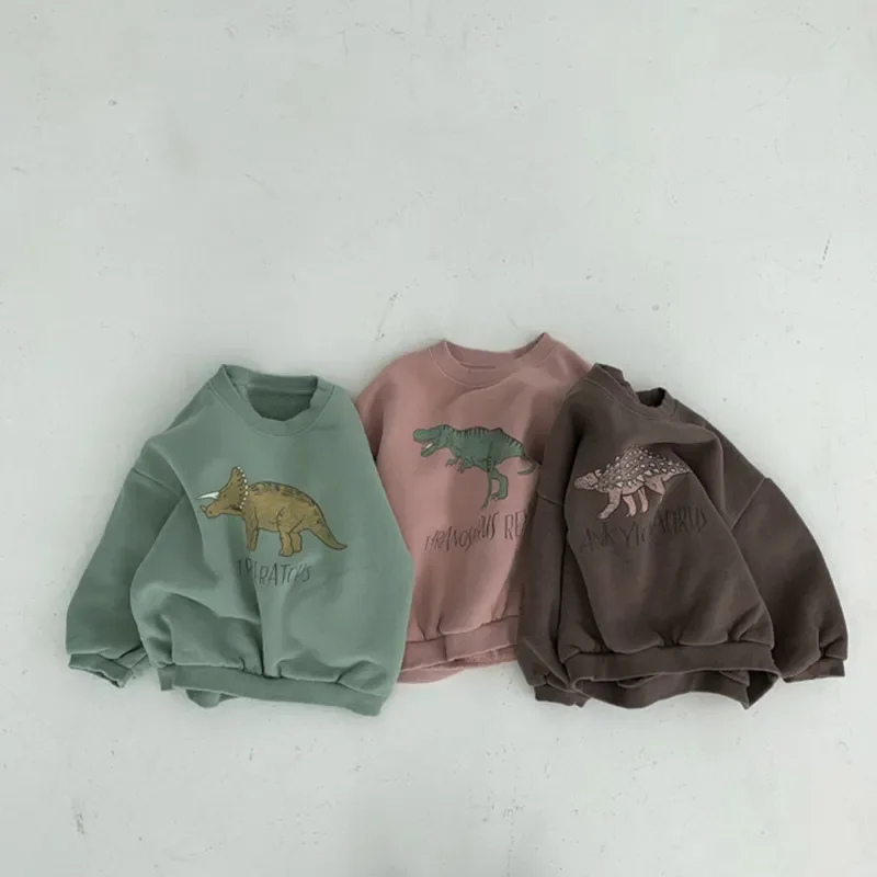 

8435 Winter Baby Girls Boys Fleece Velvet Warm Long Sleeve Tops Spring Kids Sweatershirt Dinosaur Print Hoodies