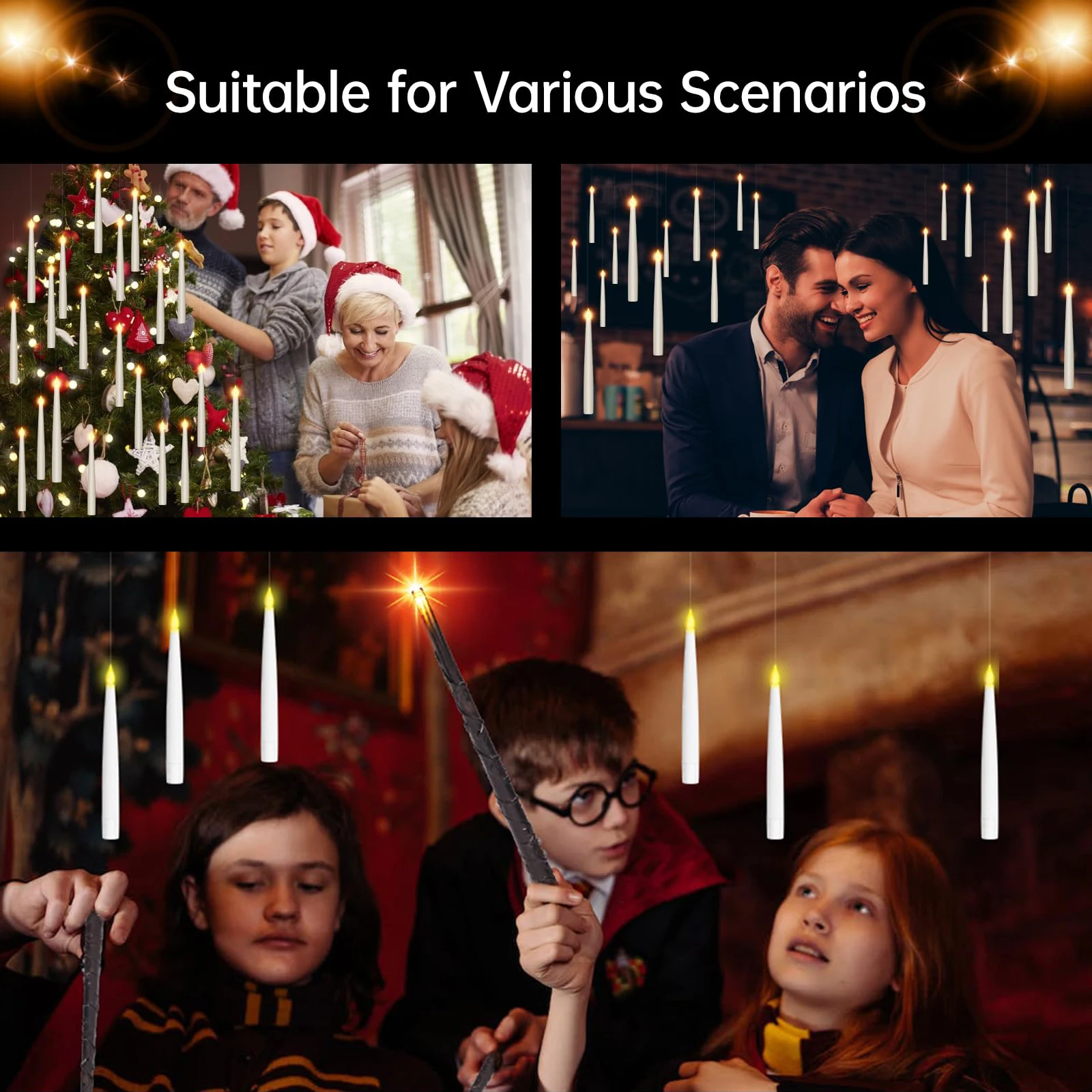 10-200Pcs Floating Candles with Wand Christmas Decorations Magic Hanging Candles Flameless Floating Candle LED Battery Operated