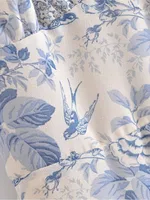 Retro French style Summer Blue White Floral Swallow Print Ruched Bandage Strap Mini Dress Sexy Ruffles Hem Lacing Up Sling Robe - Image 5