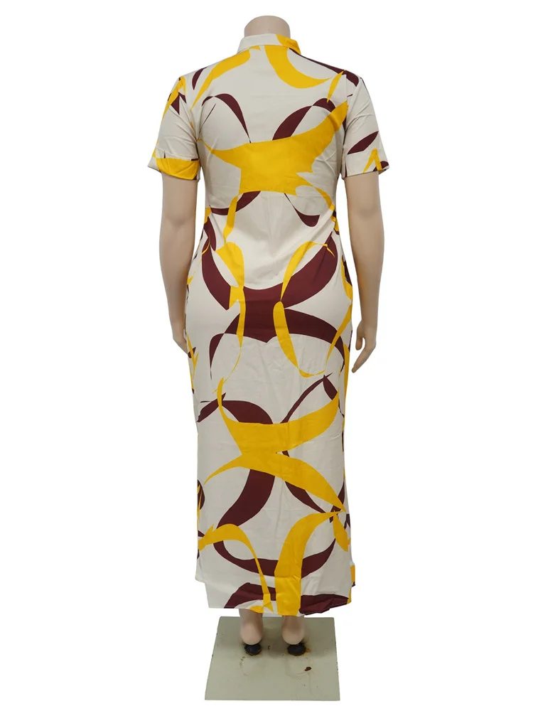 Wmstar Plus Size Dresses for Women Printed Short Sleeve Fashion Party Bodycon Stretch Button Maxi Dress Wholesale Dropshipping