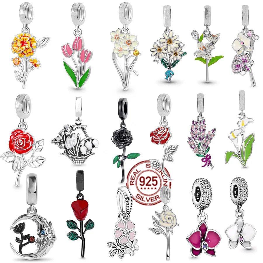 Vendita Calda Originale 925 Sterling Silver Blooming Tulip Narcissus & Rose Flower Ciondolo Charm Bead Fit Pandora Bracciale Gioielli Fai Da Te