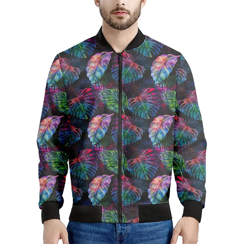 thumbnail image 1 of Chaqueta bomber con estampado de hojas tropicales en flor para hombre, sudadera de manga larga en 3D, chaqueta bomber de calle de gran tamaño con cremallera, 1 of 4
