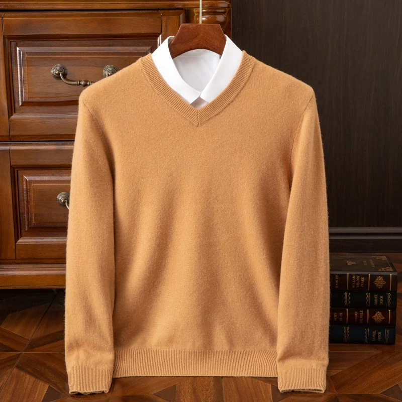 Basic Sweater V-Neck Pullover Wool Sweater Men's Long Sleeved Solid Color Business Casual Jumper Sweater Autumn Winter Warm Knit Top