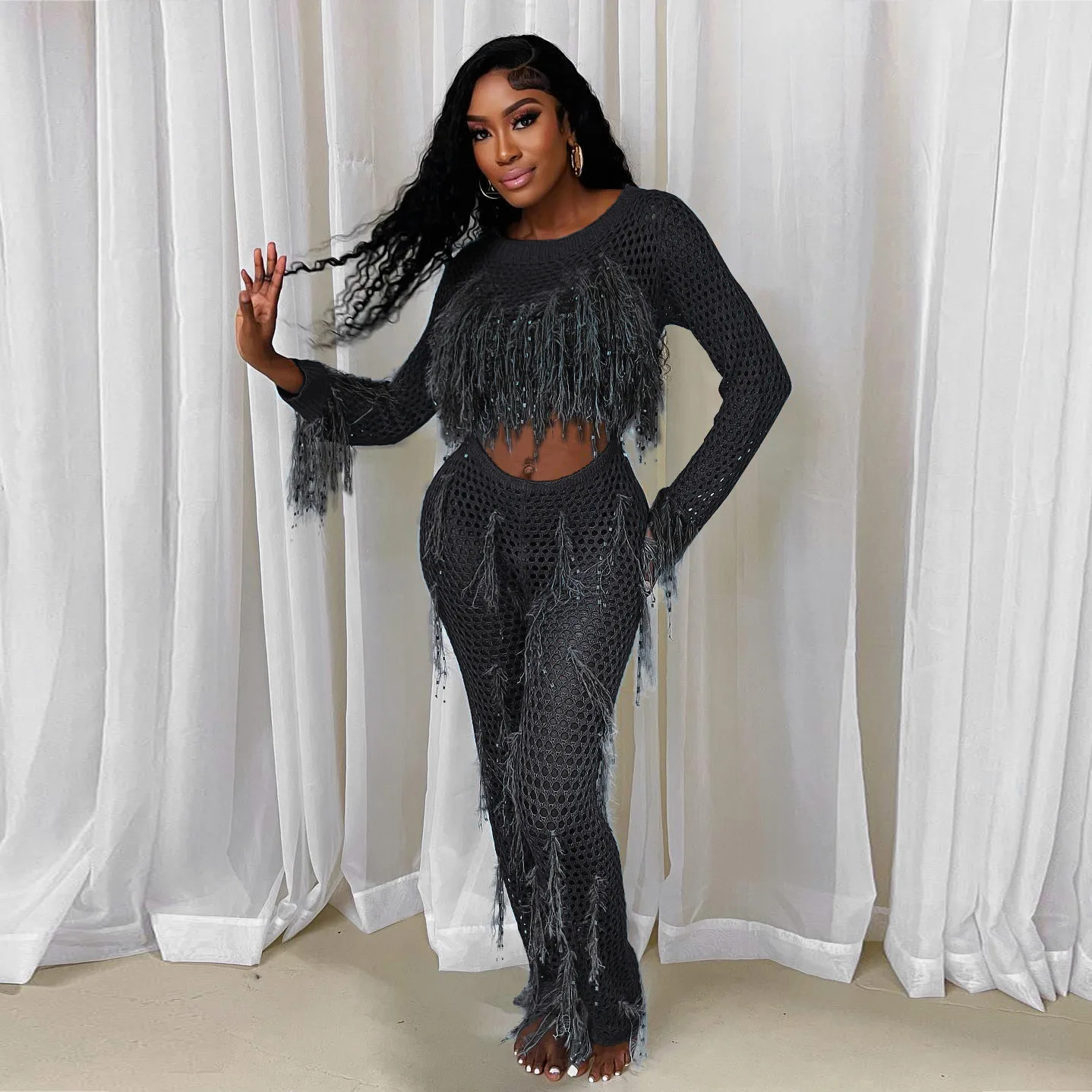 Women'S Sexy  Knitted  Hollow-Out Long Sleeve High Waist  Tassel Slim Fit Romper Girls Fringe Party Beach Jumpsuit Beachwear