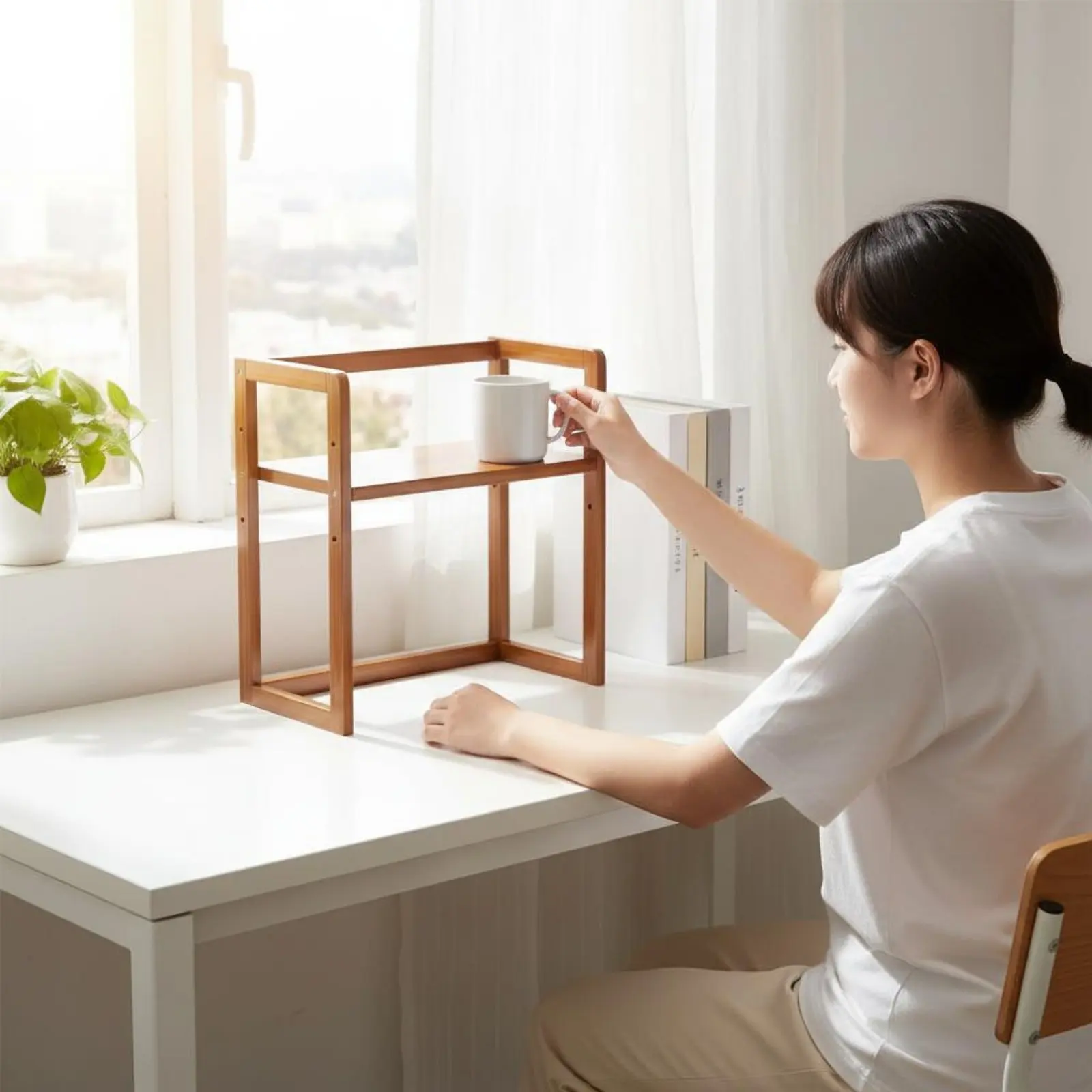 다층형 수납랙 견고한 2단 책상 선반 2단 나무 정리대 미끄럼 방지 테두리 디자인 나무 머그컵 랙