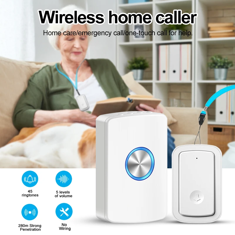 Wireless Doorbell Elderly Pager Emergency Call Button Patient Help Doorbell 45 Songs Paramedic Pager Battery type Home Door Bell