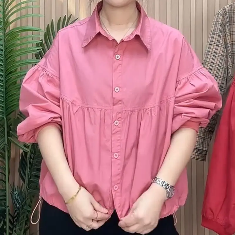 

2024 Large Size Female Spring Shirt Coat Solid Color Casual Fashion Loose Long Sleeved Pleated Shoulder Drop Puff Sleeve Tops