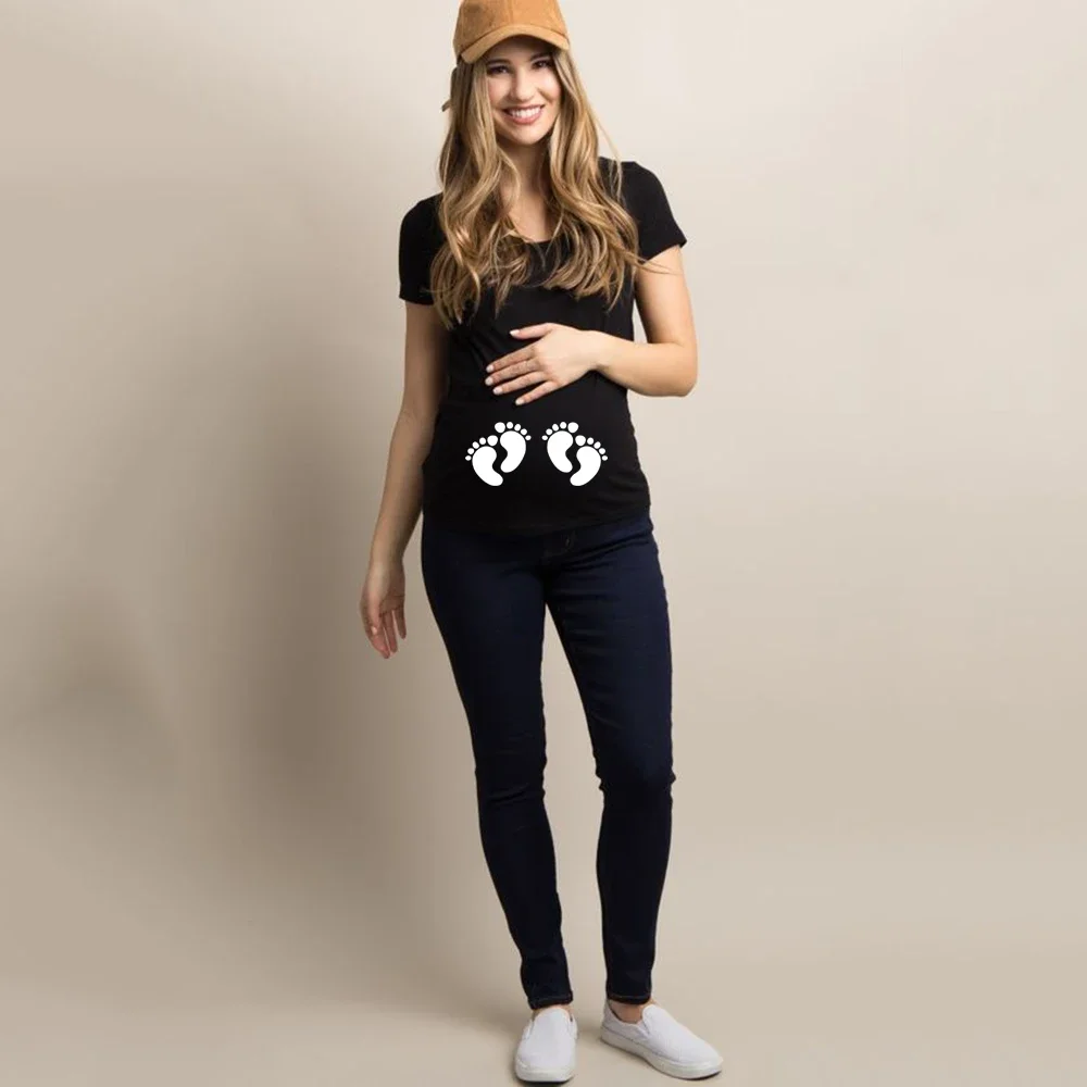 Twins Footprint Maternity Plus Size Tees Tops Summer Pregnant Maternity T-Shirt Short Sleeve Casual Pregnancy Funny Clothing