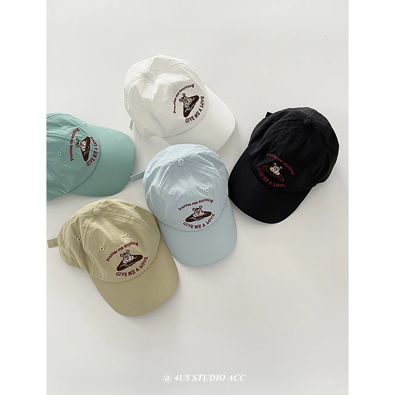 귀여운 곰돌이 봉우리 모자 여성, 빠른 건조 소프트 탑, 곡선 챙, 차양 야구 모자, 한국 스타일, 여름