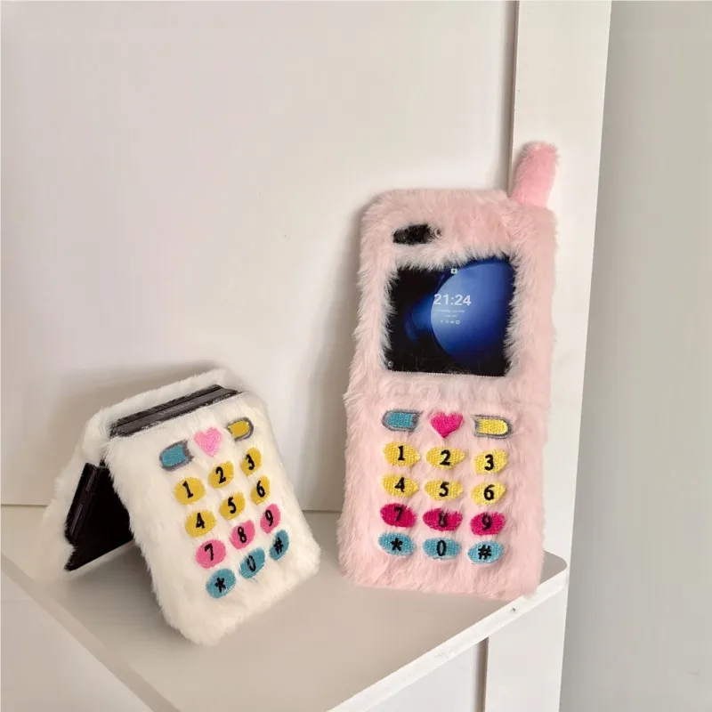 Retro Vintage Fluffy Phone Case - Cute Classic Brick Design Plush Furry Soft Cover