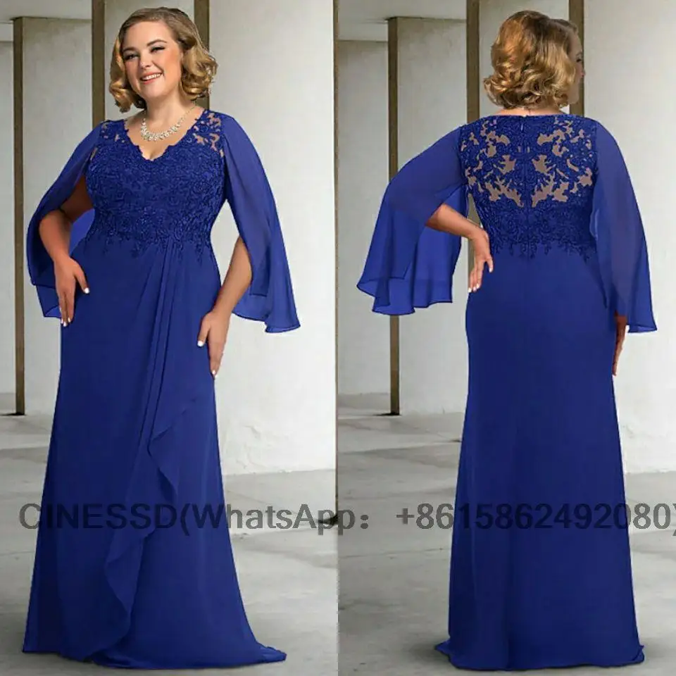 

Royal Blue Mother of the Bride Dresses Plus Size V-Neck Floor Length Chiffon Lace Wedding Guest Dress With Pleats