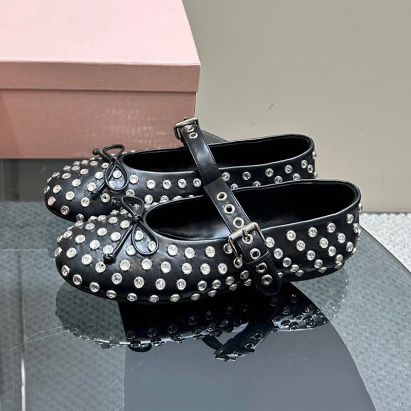 

Women Ballet Flat Shoes Spring New Crystal Decor Upper Round Head Leisure Shoes Bowknot Design Comfort Foot Feel Ladies Loafers