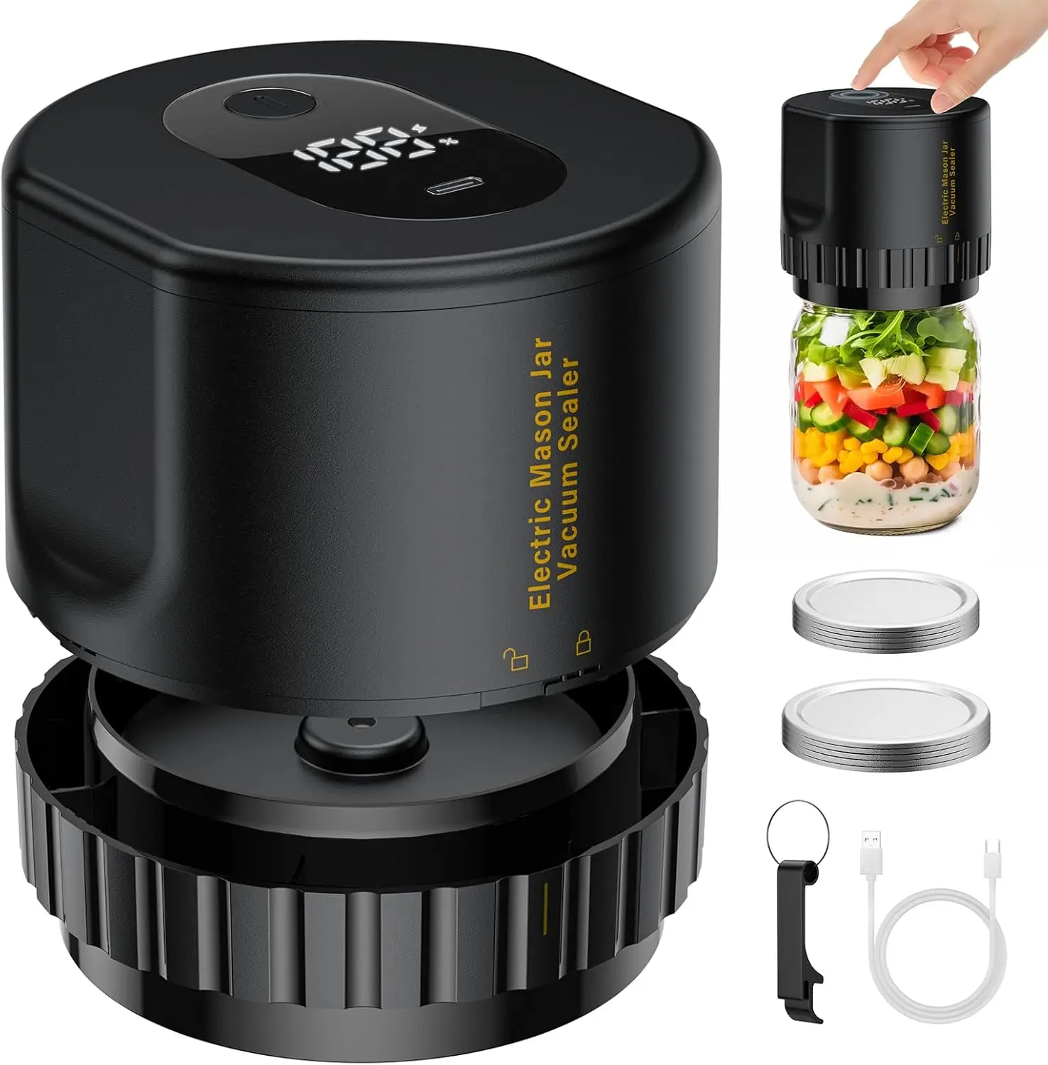 Electric Vacuum Sealer for Mason Jar - Jelife Vacuum Sealing Machine Kit for Wide Mouth & Regular Mouth Canning Jars with 10 Lids, 2000mAh Vacuum Sealer Food Saver Storage, Black 1