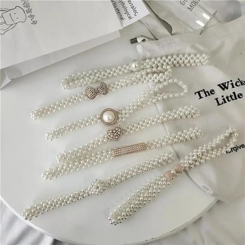 1 Pcs Women Elegant Dress Decoration Belt Thin Fashion Pearl Waist Chain With Skirt Simple Diamond Woven Pearl Belts Accessories